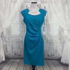 Calvin Klein Size 10 Teal Blue Sleeveless Dress Pleated Sheath Square Neck B14