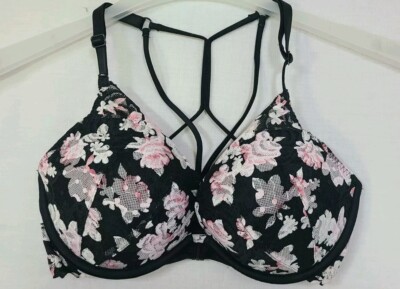 Victoria's Secret PINK Date Push Up Bra Sz 32DD Black Floral Lace Front Closure