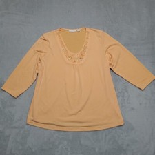 Susan Graver top Womens Large Peach 3/4 Sleeve Beaded Knit Blouse Made in USA