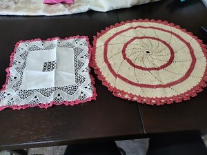 Vintage Lot Of 2 Hand Crocheted Doilies / Linen Pink (round For pillow)
