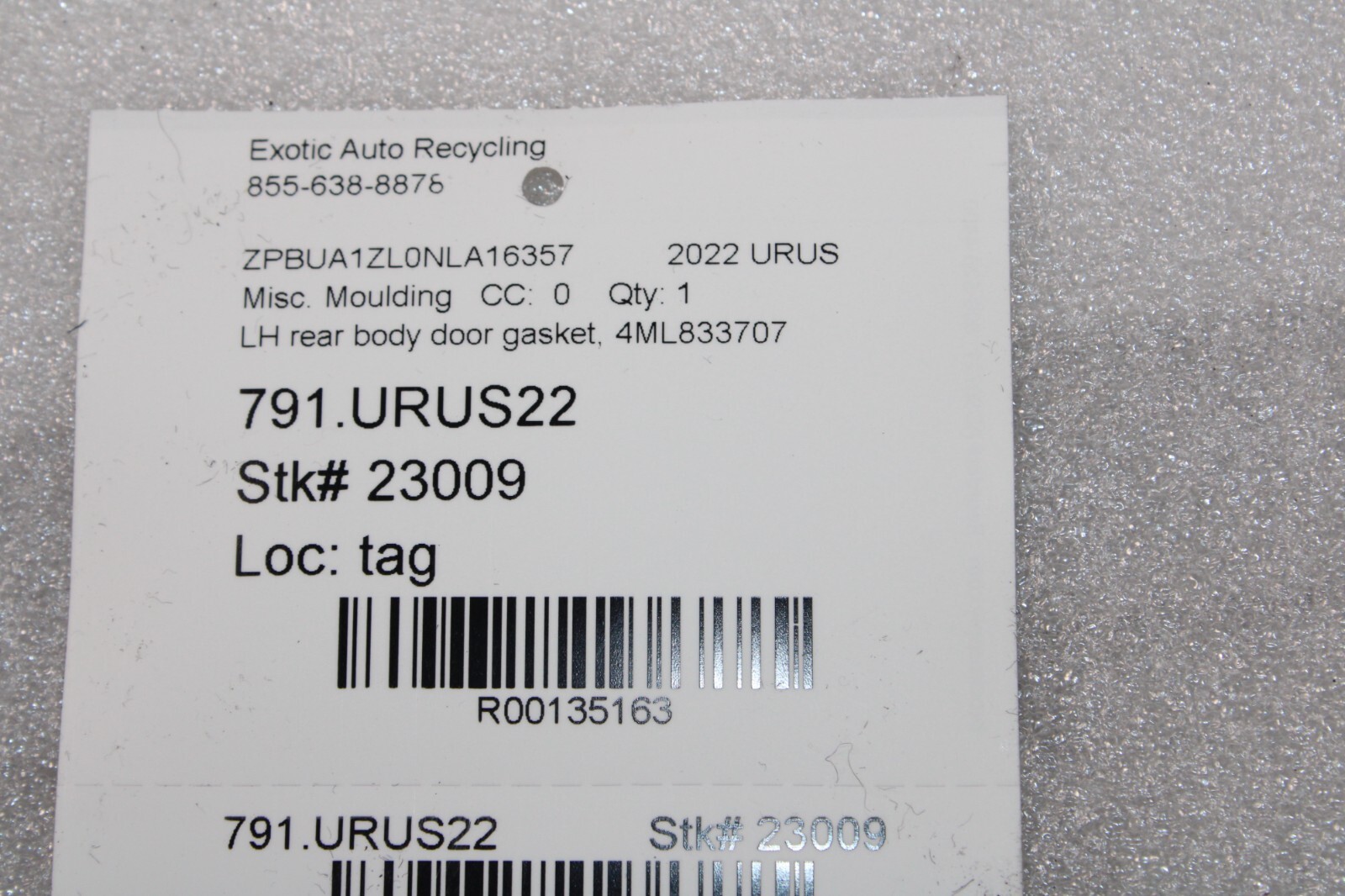 Lamborghini Urus, LH, Left, Rear Body Door Gasket, Used, P/N 4ML833707
