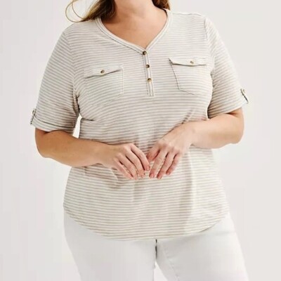 Croft & Barrow SS V Neck Knit Top Beige/White Stripe Pocket Henley  - 5X NWT
