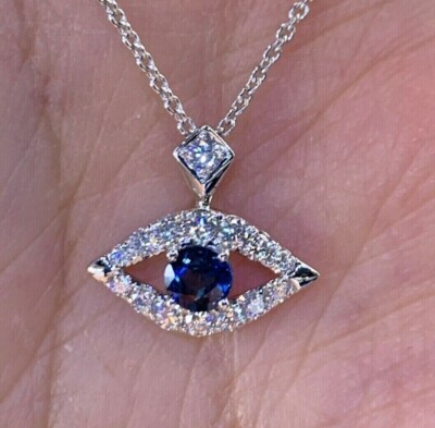 1.5ct Sapphire & Simulated Diamond Evil Eye Pendant Necklace 925 Sterling Silver