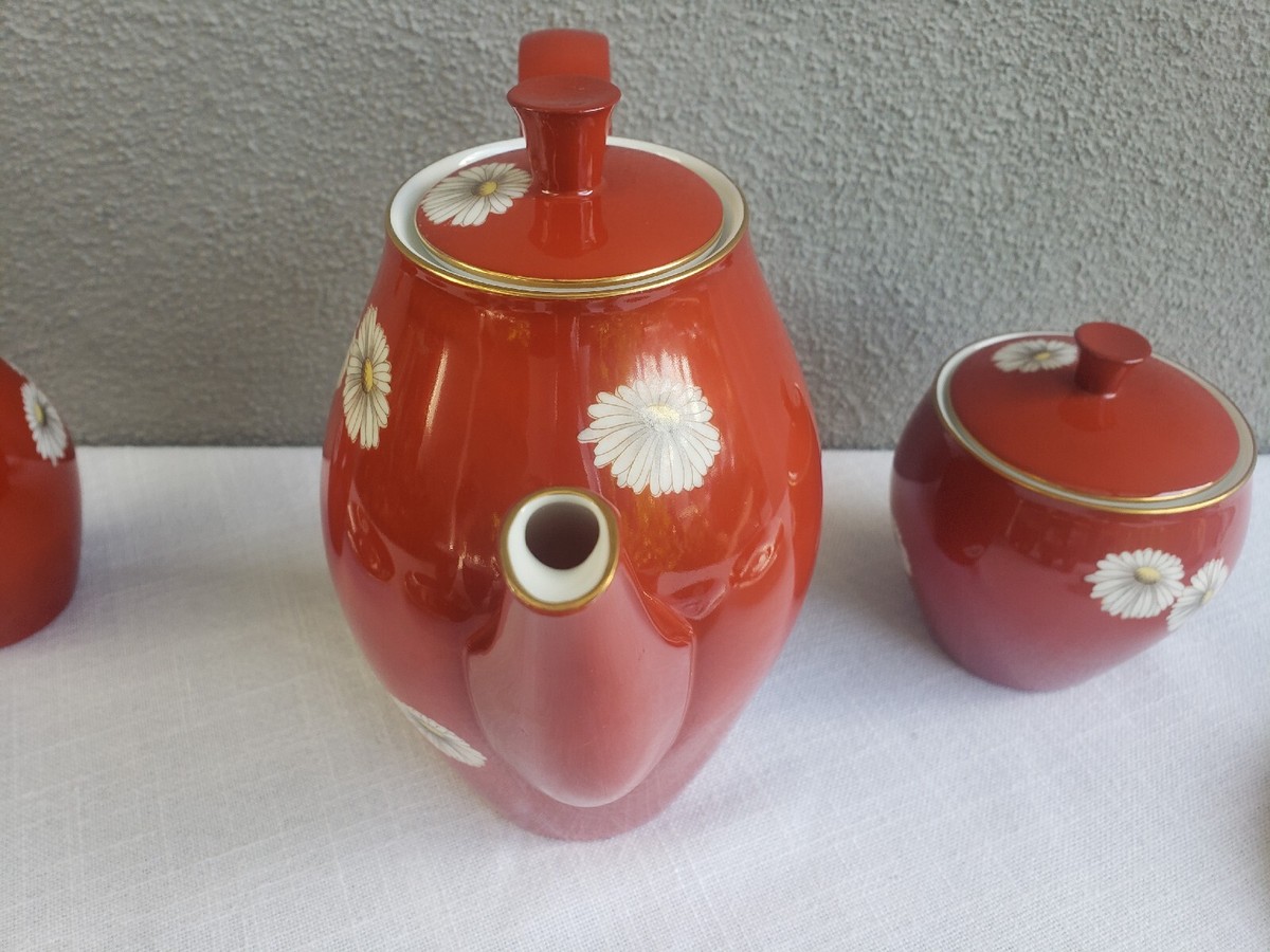 Vtg 1950s Noritake Nippon Red Daisy Gold Trim Tea Pot Sugar Cream