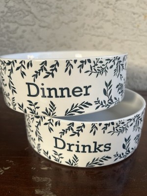 Drinks Dinner Ceramic Pet Bowls Dog Cat White Botanical Design Set Of 2 Medium