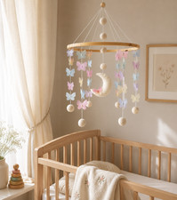 Pastel Butterfly Moon Crib Mobile, Felt Baby Girl Nursery Decor Baby Shower Gift