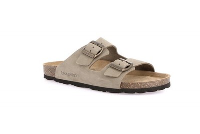 CB6003 GRUNLAND SARA DAMEN SLIPPER 2 SCHNALLEN BIRK MIT KHAKI ECHT LEDER