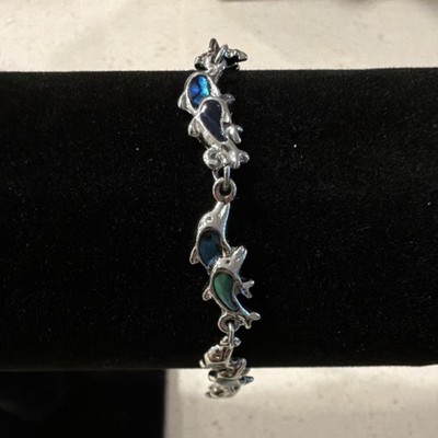 SJ Silver Dolphin Charm Bracelet with Heart Dangle, Blue Green Inlay 