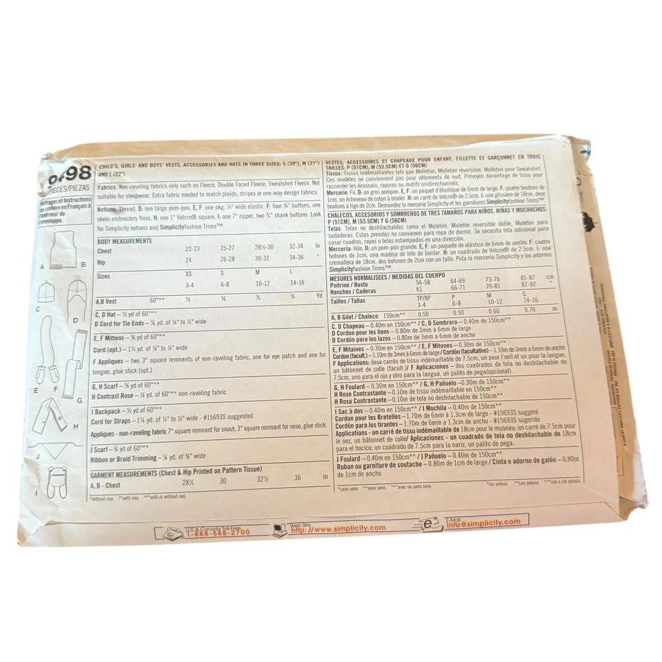 Simplicity 9498 Vest Hat Mittens Scarf Bear Purse Fleece Kids Sizes XS S M L FF - Image 2 of 2