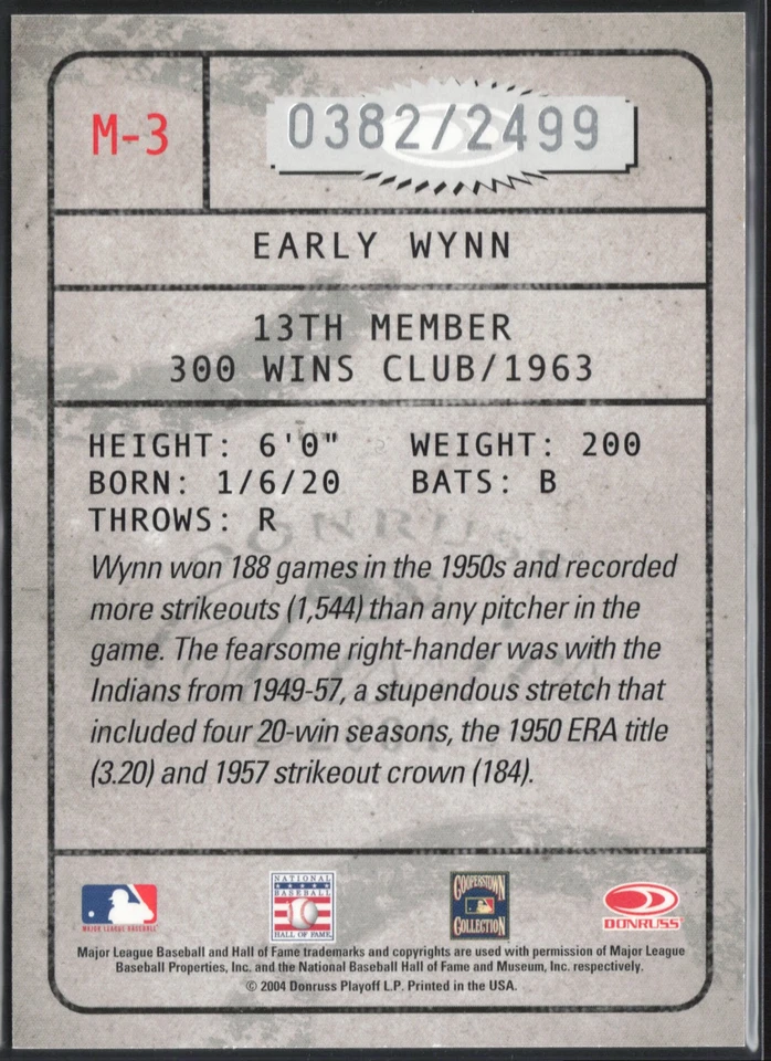 Early Wynn 2004 Donruss Classics Membership M-3 /2499 Cleveland Indians - Image 2 of 2