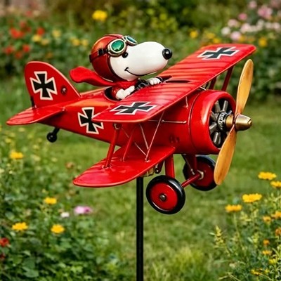 2D Snoopy Pilot Flying Biplane Wind Spinner Vintage Garden Yard Sculptures Decor