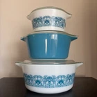 3p Vintage Pyrex Horizon Blue Bake Serve Store Dish Bowl Set w Lids Moon Landing