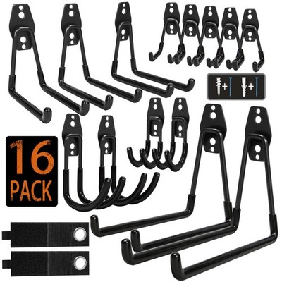 Steel Garage Storage Hooks - 16 Pack Anti-Slip Coating, Heavy Duty Wall Mount