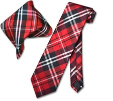 Vesuvio Napoli Black Red White PLAID NeckTie and Handkerchief Matching Tie Set