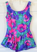 Vintage 70s 80s Sun Bird Bright Floral One Piece Swimsuit Skirt Plus Size 16