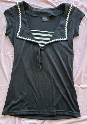 Rock Steady Women s Shirt Top Striped V-Neck Tie Front Short Sleeve Pinup Sz M