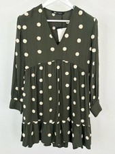 ZARA NWT Shift Babydoll Dress Size XS Green White Women Polka Dot Lightweight