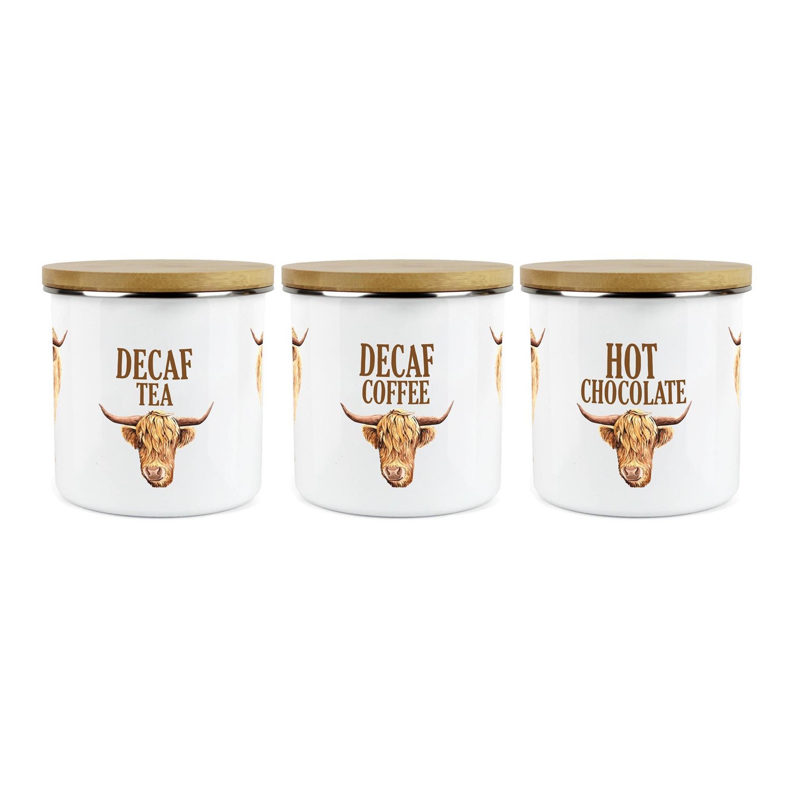 Highland Cow Decaf Tea, Decaf Coffee & Hot Chocolate Canister Set -Kitchen Gifts