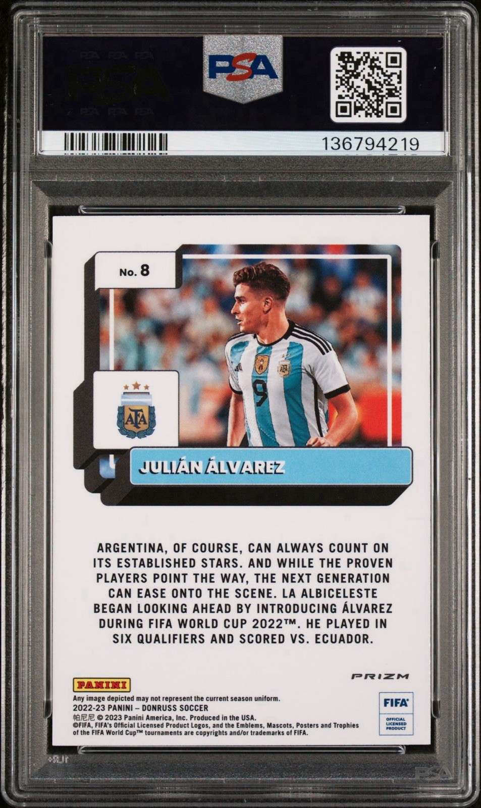 Julian Alvarez 2022-23 Panini Donruss Optic Photon Prizm PSA 9 #8 Rookie RC view 2