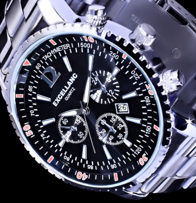 Excellanc Herren Armband Männer Uhr Schwarz Silber Farben Datum Edelstahl SI-BL