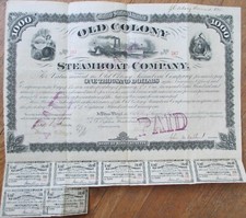 Old Colony Steamboat Company 1881 Bond Certificate Steamship Ferry Boston MA