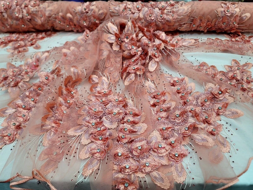 Tela de encaje floral 3D coral boda lujo realeza nupcial se vende por yarda cuentas Foto 4 de 4