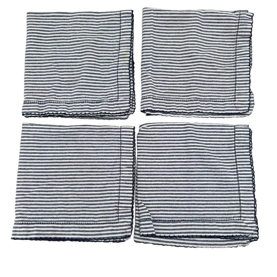 Set 4 Sur La Table Cloth Napkins Blue White Stripes 20” Square 100% Cotton - Image 3 of 4