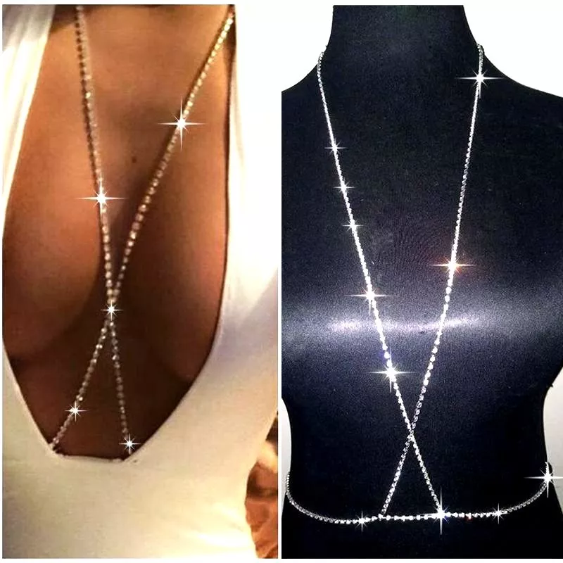 Silver Rhinestone Body Chain Cross Over Necklace Bra Harness Belly Waist  Belt