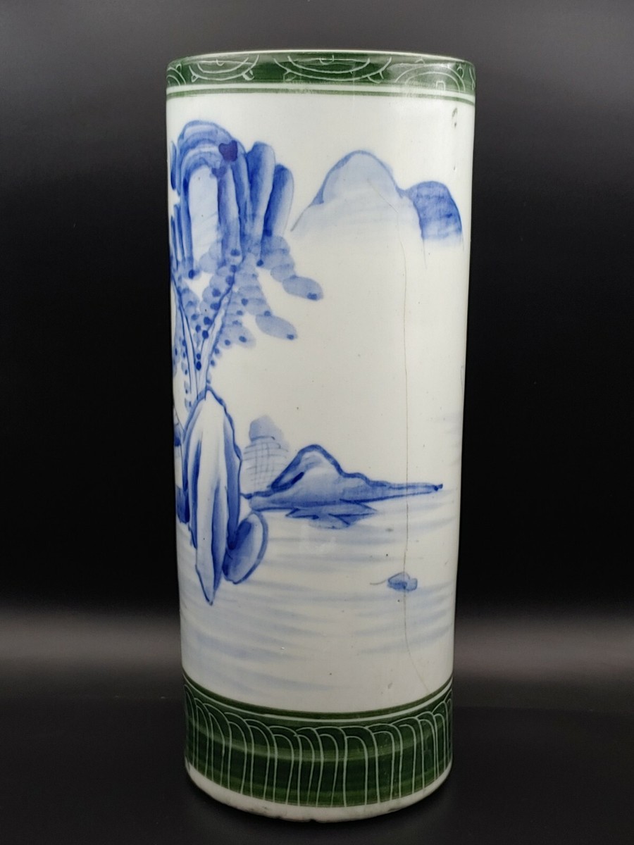 康熙翠毛蓝青花绿釉山水帽筒17th C Chinese Kangxi Blue And White