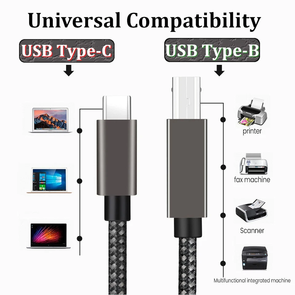 Braided USB Type-C to Type-B 2.0 High Speed Printer Cable For Epson HP Brother - Image 2 of 4