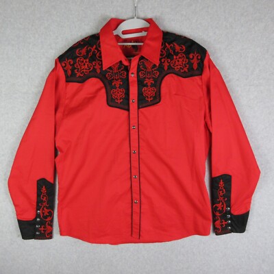 RCCO Rodeo Clothing Co Shirt Mens Large Red Pearl Snap Embroidered Shotgun Cuff