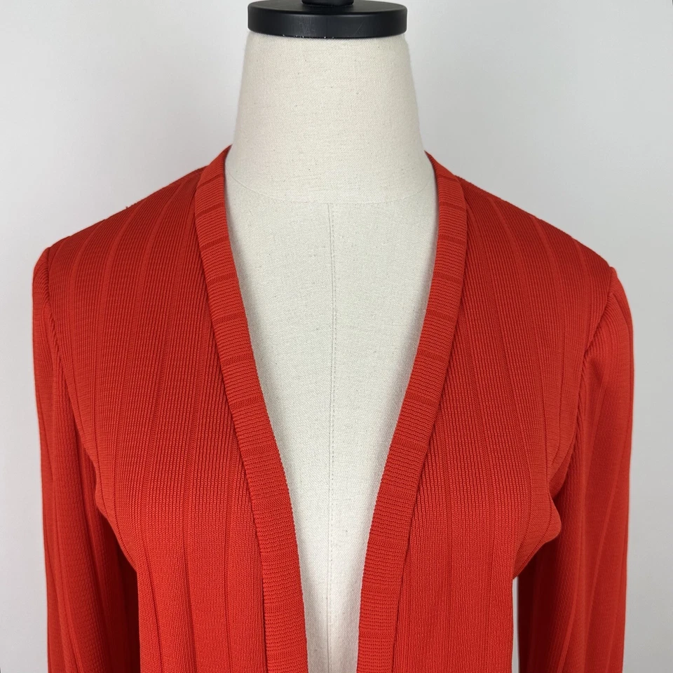 Vintage 70s Cardigan Womens Small Bright Orange Striped Ribbed Polyester Knit - Image 3 of 4