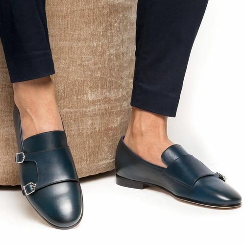 Handmade Mens Navy blue round toe monk 