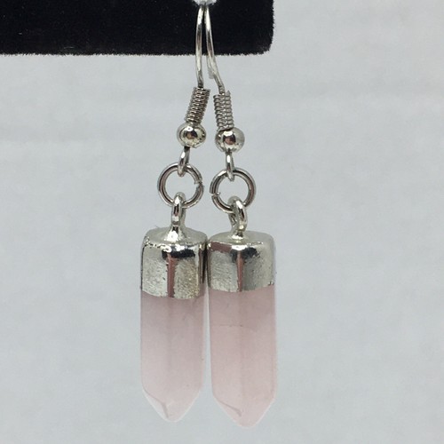Rose Quartz Earrings Obelisk Point Energy Pink Crystal Pierced French Hook - Picture 2 of 5