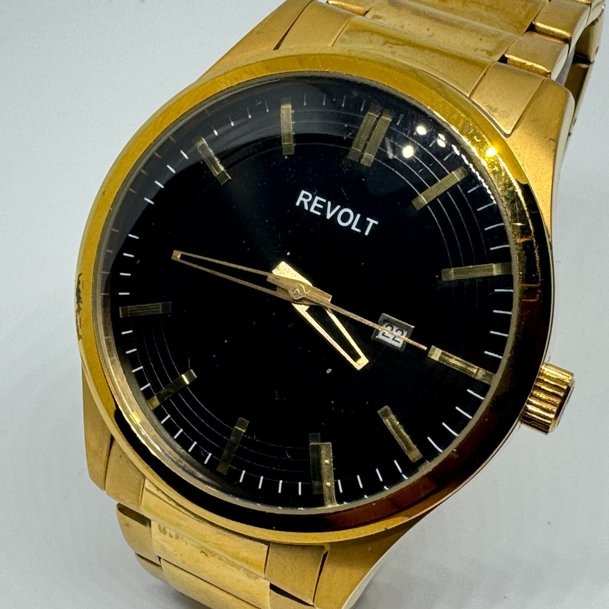 Revolt Quartz Watch Men 50m Gold Tone Steel Black Dial Date  display picture 1