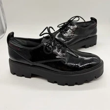 Franco Sarto Balin Oxford Size 6.5 Black Faux Patent Leather Chunky Lug Sole