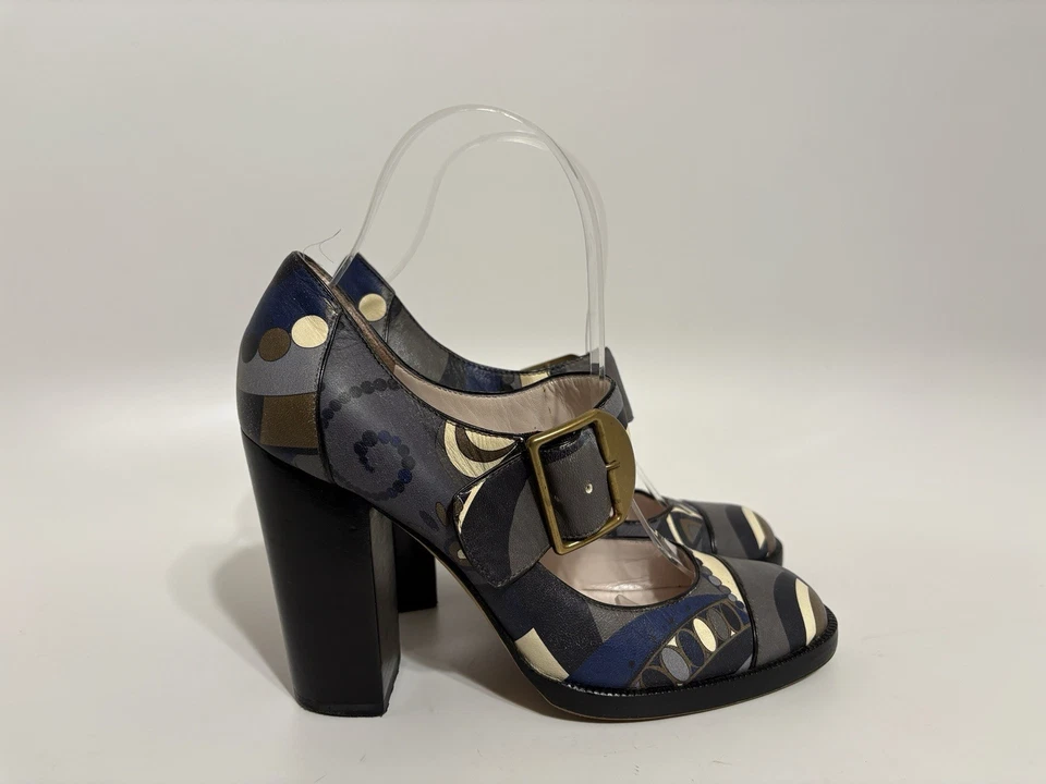 Tacones de cuero vintage Emilio Pucci azul estampado floral 35,5 Foto 4 de 4