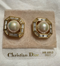 New Vintage Christian Dior Earrings Faux Pearl Gold Tone Rhinestones 14K Posts