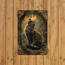 Vintage Mystery Cat Tin Metal Signs Home Décor 8x12 Whimsical Animal Wall Art I