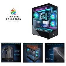 Black Gaming PC Case with Full-View Tempered Glass & 6 Pre-Installed ARGB Fans