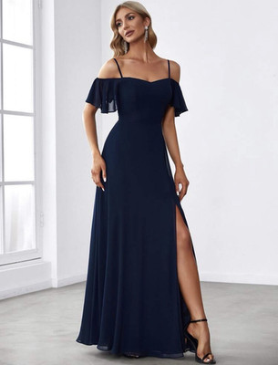 Ever-Pretty Navy Chiffon Off-Shoulder Flutter Sleeve Maxi Dress Slit M
