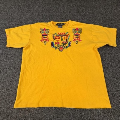 Vintage Treasures By I.B. Diffusion Shirt Mens Large Yellow Embroidered Tribal