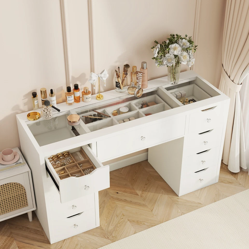 WHITE GLASS TOP VANITY DRESSER TABLE WITH LED MIRROR WITH 9 DRAWERS KL-DS12N - image 2 of 4