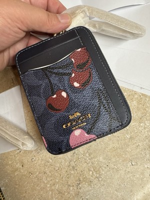 Coach CZ468 Zip Card Case Signature Cherry Mini Wallet Denim Multi
