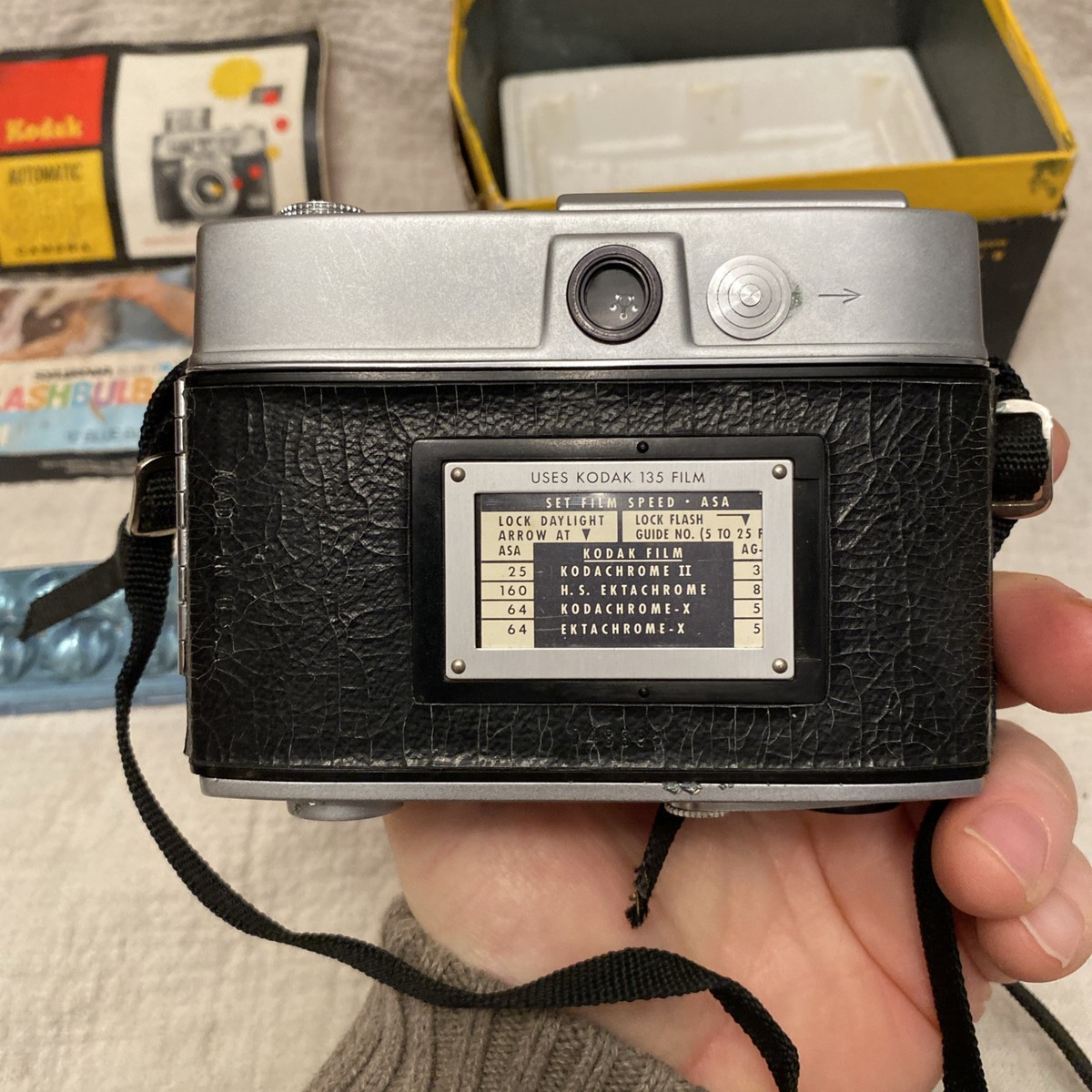 Kodak Automatic 35F Camera With Box And Sylviania Flashbulbs