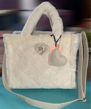 NEW! NWT JUICY COUTURE Lets Get Cozy Faux Fluffy Fur Large Tote Bag Angel White