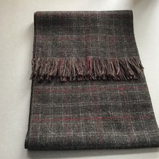 VINTAGE AUTHENTIC PLAID BROWN/RED WOOL BLEND LONG MEN'S FRINGE SCARF 58  x 8  