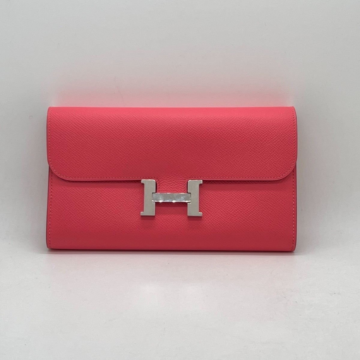 Authentic Hermes Constance Long Wallet Epsom Rose Azalee Silver HW