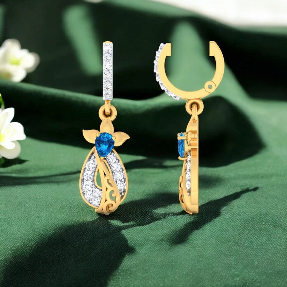 1,20 Cts F/VS1 Runder Brillantschliff Diamanten Saphir Baumeln Ohrringe 14K Gold - Bild 3 von 4