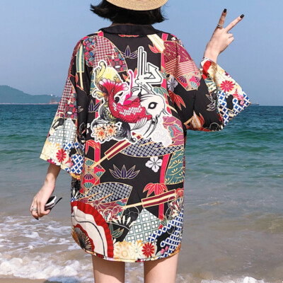 Ukiyoe Kimono Cardigan Tops Jacket Floral Japanese Yukata Bathrobe